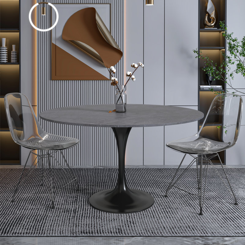 Heatherton Round Dining Table with Resin Top Kitchen Table and Black Stainless Steel Pedestal Base Seats 2-6 Person, 48" Wide