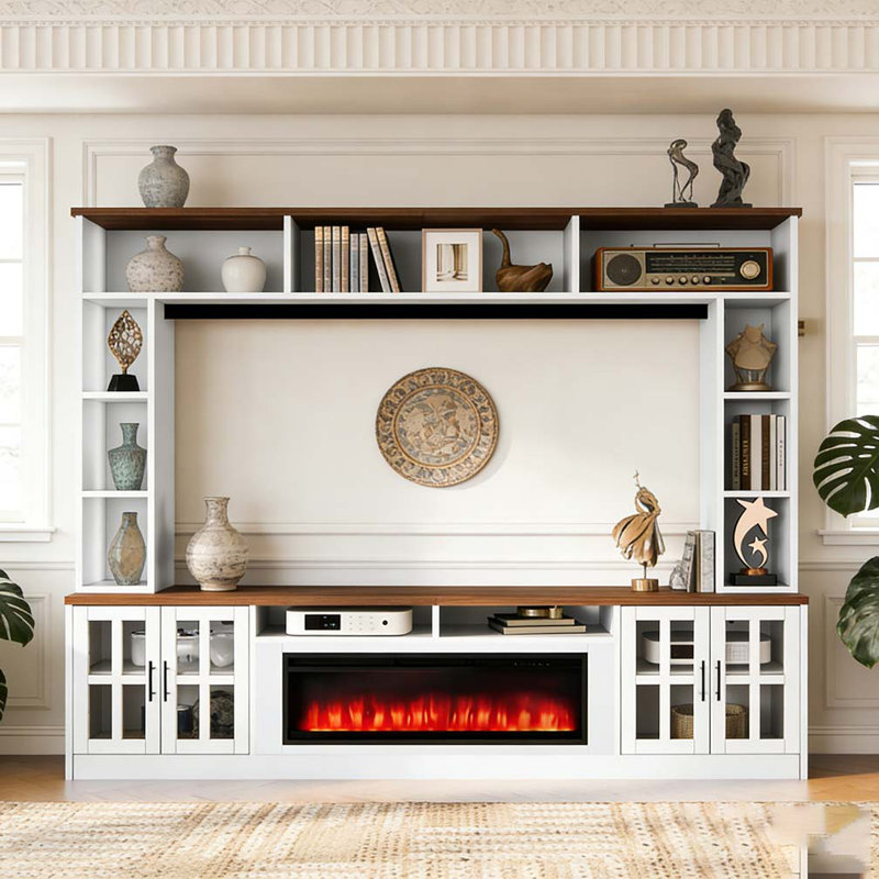 Meuble audio-vidéo l 95,5 po avec tablettes pour téléviseurs de 80 po ou moins, Blanc + noyer