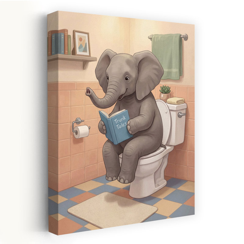Elephant Reads On Toilet by Andreas Magnusson - Wrapped Canvas Print, 60.96 cm H x 40.64 cm W