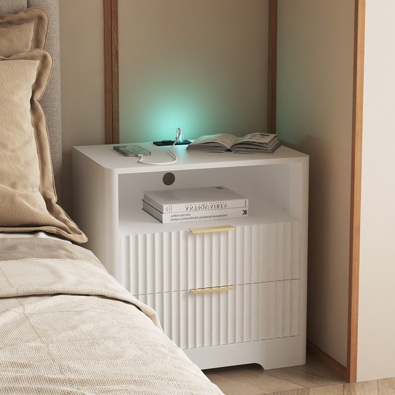 Table de chevet avec station de charge, table de chevet intelligente avec veilleuse, Blanc