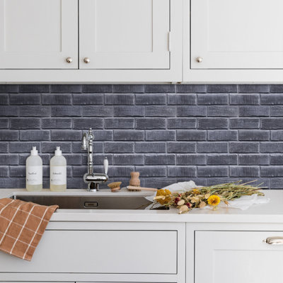 10-Piece 3D Faux Brick Peel and Stick Wall Panels, 11.8"x11.8" Brown PVC Self-Adhesive Wall Tiles, Waterproof Heat-Resistant Brick Wallpaper Panels for Kitchen, Living Room, Fireplace & Bathroom-Black