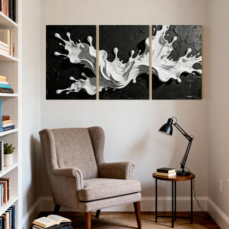 Abstrait éclaboussure blanche sur fond noir, ensemble de 3 reproductions d'art sur toile, H 30 po x l 60 po