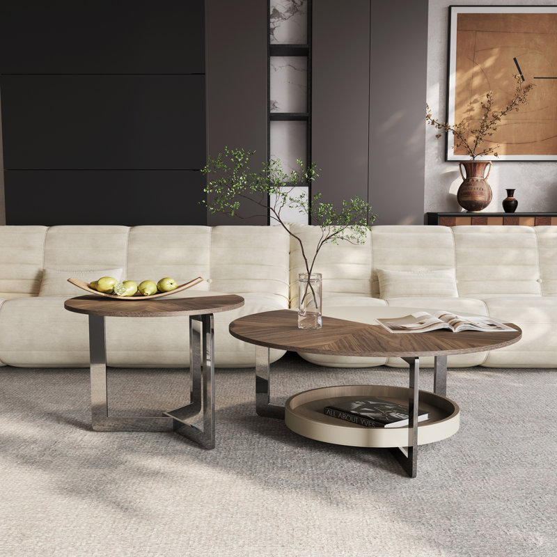35.43''Modern Walnut Round Coffee Table Set – Nesting Tables with Hidden Storage,Full Assembly
