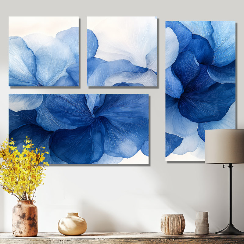 Bleu et blanc délicats pétales de fleurs IV - art mural floral 4 pièces, Toile tendue, Ne s’applique pas