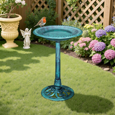 Bobigny 28 Inch Outdoor Polyresin Bird Bath, Free-Standing Decorative Bird Bath With Hollow-Out Edge, Fillable Stable Base, Antique Garden Bird Bath For Yard, Lawn, Patio