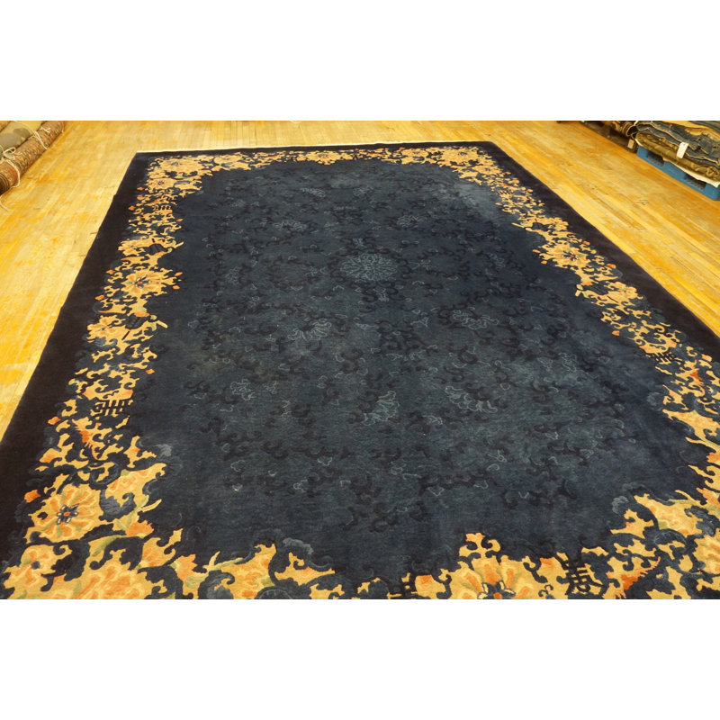 Hand Knotted Pile Rectangle Wool Blue 1920s Antique Rug