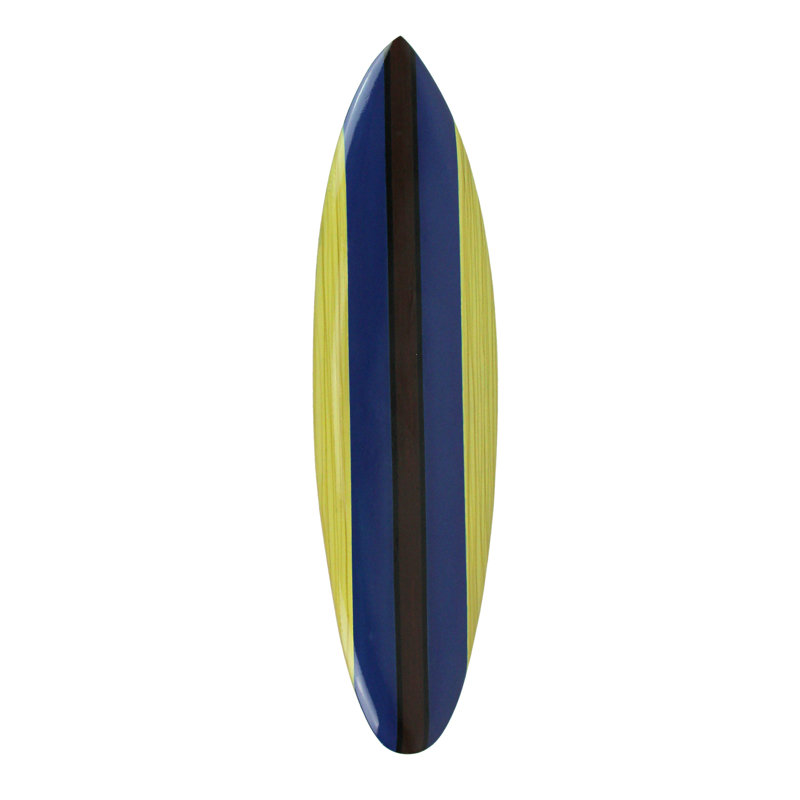 Coastal set of 3 blue, red and natural brown striped wood surfboard wall hangings with retro stained finish — 32" H x 8.5" L x 0.5" W each