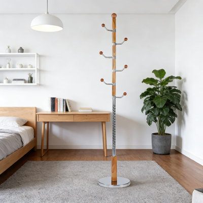 Freestanding Wooden Coat Rack With 11 Hooks & Adjustable Height, Sturdy Solid Wood Hall Tree With Wide Base For Entryway, Hallway, And Bedroom