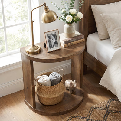 23.6" Solid Wood Nightstand, Half-Moon Bedside End Table with Open Shelf for Bedroom, Small Spaces