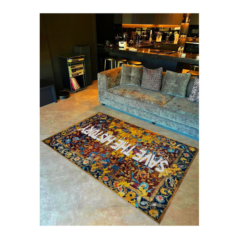 Written Collection Save The History Text Floral Patterned Modern Decorative Rug, Runner 3'3" x 6'7" Rug Pad Included