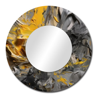 Mustard Yellow And Vivid Gray V - Abstract Decorative Mirror, Modern Round Wall Mirror, Printed Metal Art