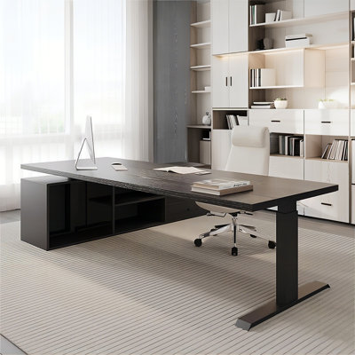 94.49"Black Solid Wood High-Low Adjustment Executive Desk with Right Cabinet