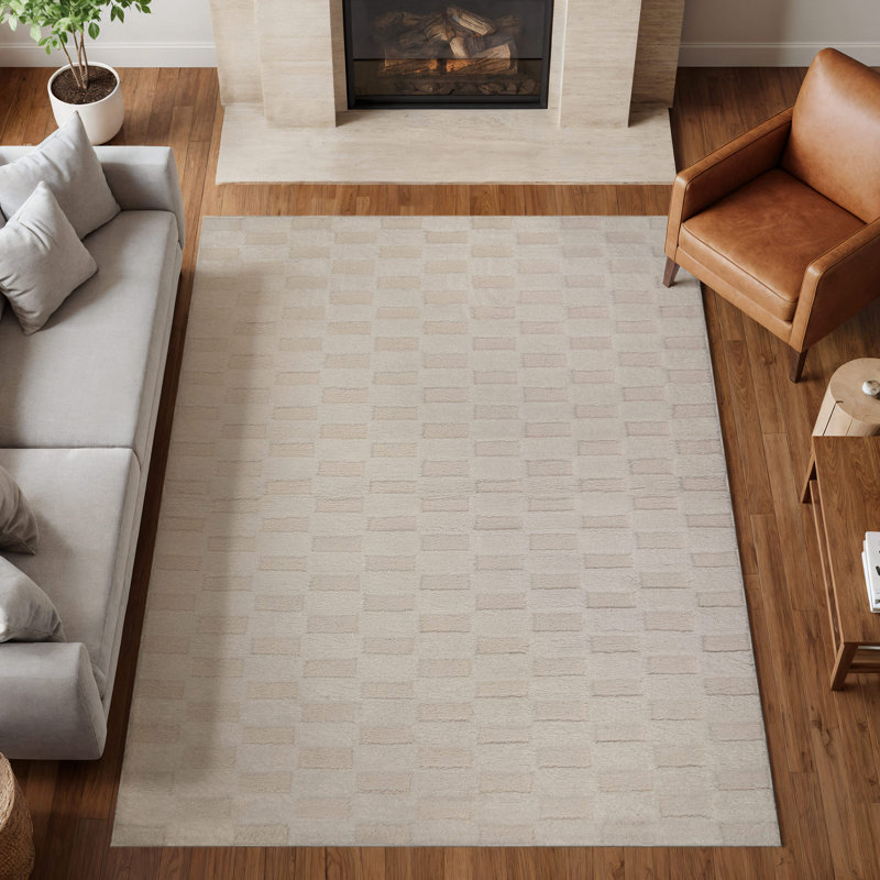 Tapis d'intérieur à damier blanc perle tissé à la machine, doux et moelleux, à hauteur variable., Blanc, 5 pi x 7 pi
