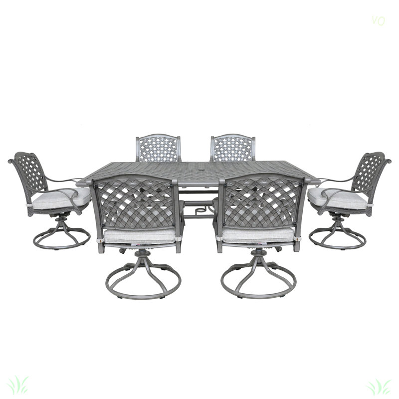 Ensemble repas d'extérieur en aluminium avec coussin, Gris antique, H 36,04 po x l 94,09 po x L 131,93 po