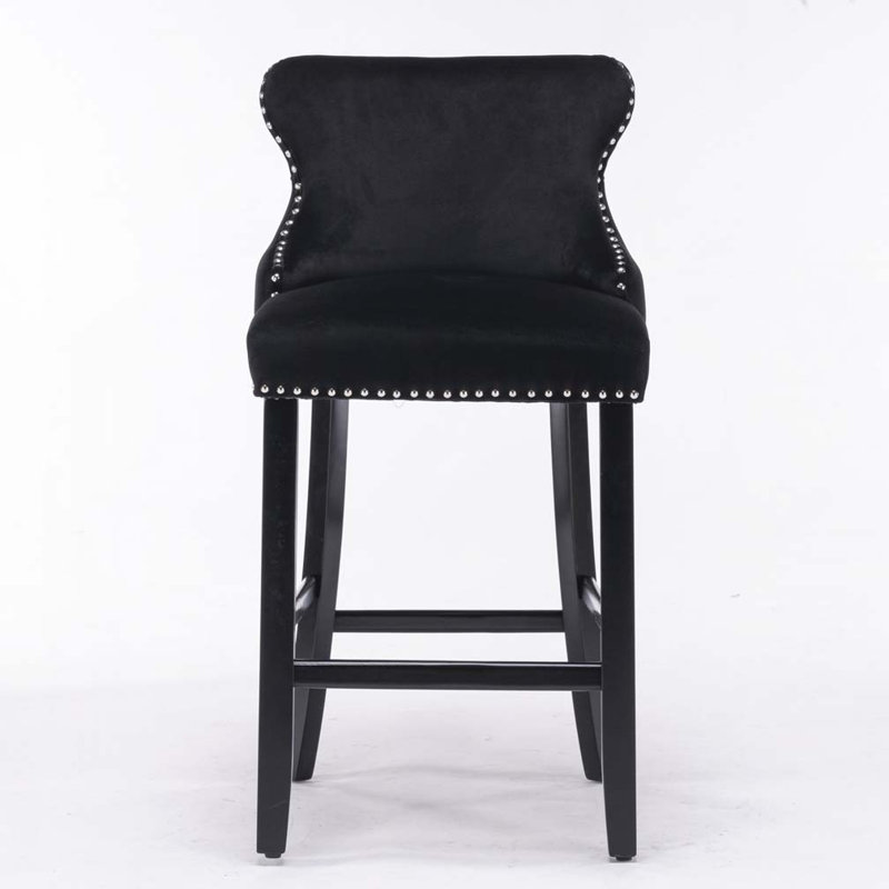 Velvet Upholstered Bar Stool Chair Set of 2, Black Seat/Black Frame