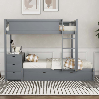 Full-Over-Full Bunk Bed With Twin Size Trundle, Storage And Desk, Gray