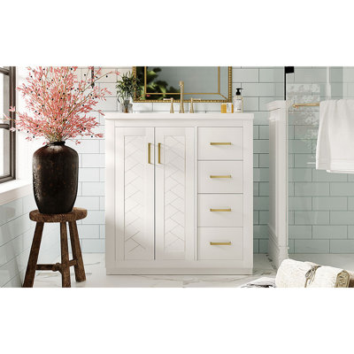 Ensemble de meuble-lavabo 30 po avec lavabo en céramique, armoire de rangement en bois massif, ensemble de meuble-lavabo autoportant avec 3 tiroirs et portes à fermeture douce