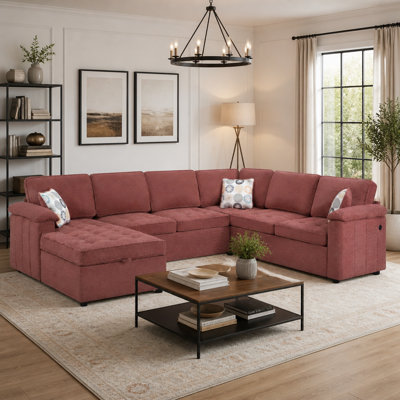 Canapé d'angle moderne en chenille en forme de U de 116,1 pouces avec méridienne de rangement et ports USB