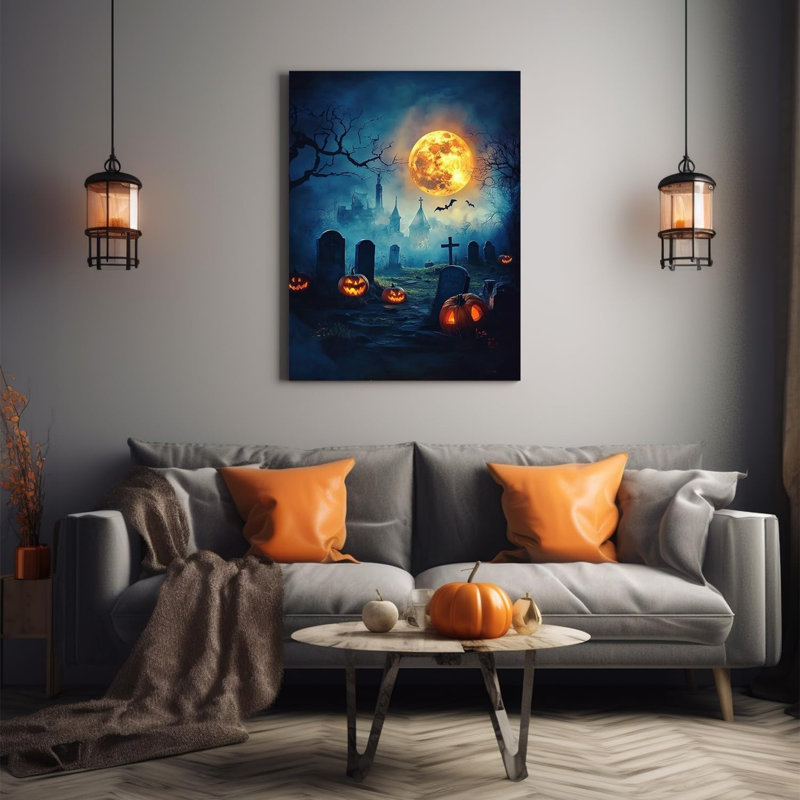 «Graveyard with Glowing Pumpkin Lanterns», art mural 24 po x 36 po