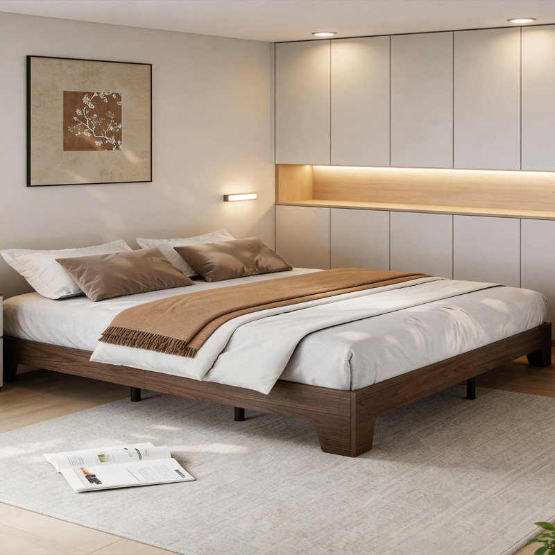 Cadre de lit plateforme en bois de format California King, profil bas, avec lattes en bois silencieuses