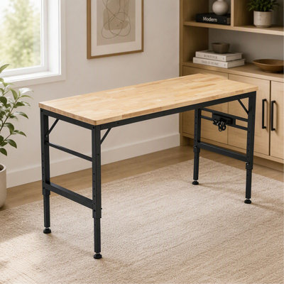 60" Heavy-Duty Workbench, Rubber Wood Top, Power Outlets, 2000 lbs Capacity Workshop Table