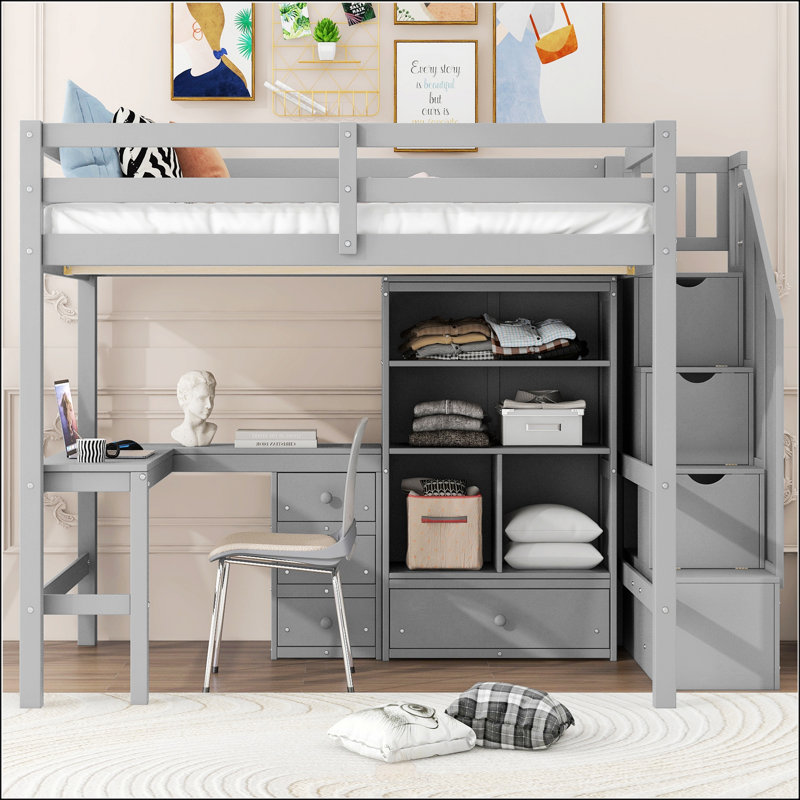Lit mezzanine double avec bureau en L et tiroirs