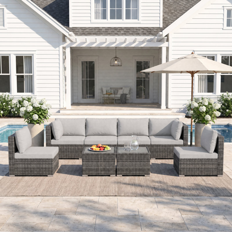 Ensemble de conversation modulaire en osier 8 pièces avec coussins et deux tables 8 pièces, Gris clair