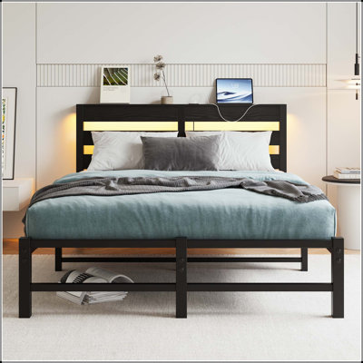 Full Size Metal Bed Frame with Wooden Headboard, RGB Lights, Charging Station, and Storage Shelf