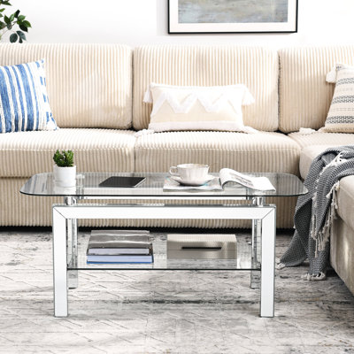Modern Rectangular Tempered Glass Coffee Table With Mirrored Stainless Legs For Livingroom And Sleek Appearance