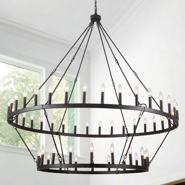 Neiges 54 - Light 60" Two Tier Large Farmhouse Rustic Candle Style Wagon Wheel Chandelier