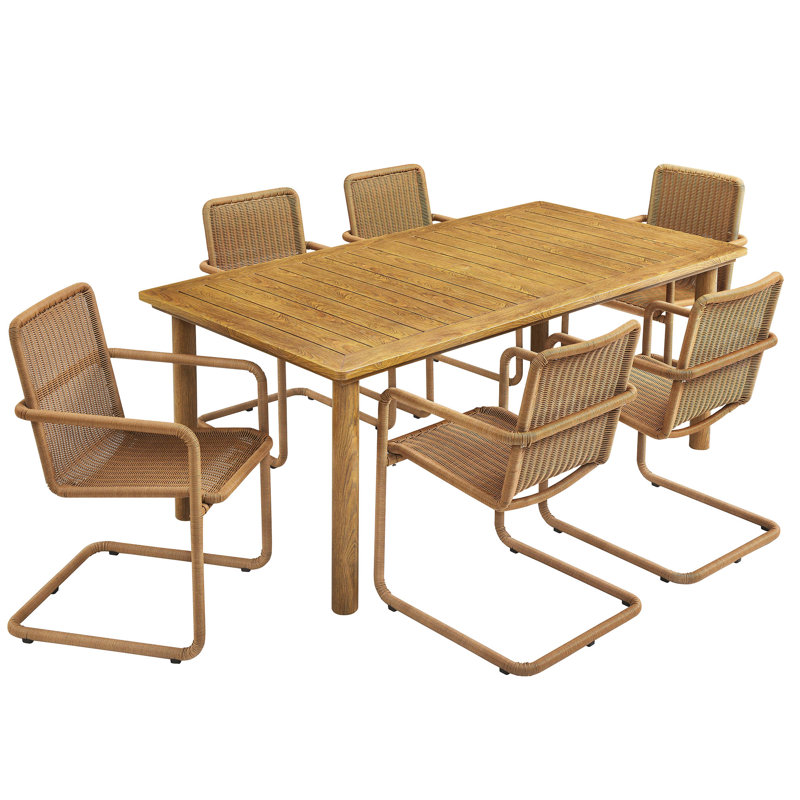 Abacus 7-Piece Rectangular Outdoor Patio Aluminum Dining Table Set With Rattan Armchairs, Natural