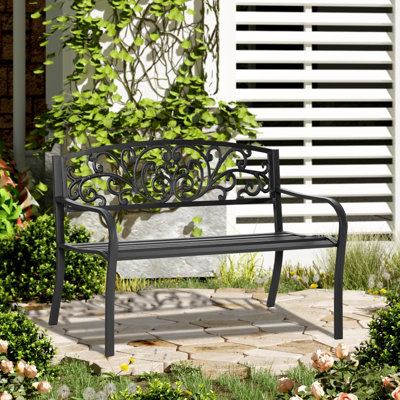 Banc de jardin en métal de 50 po par. Noir avec motif floral. Siège à lattes de véranda pour cour, pelouse. Confortable 2 options de détente à l'extérieur. Facile à assembler à l'extérieur. Assemblage simple et relaxant