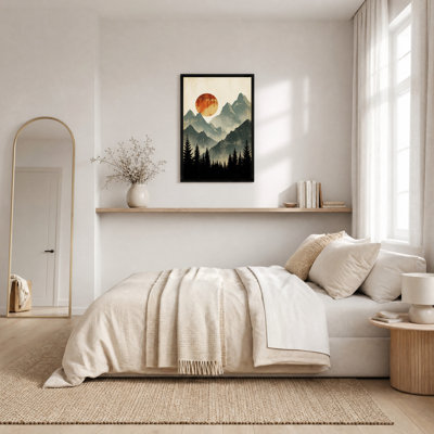 Art mural rétro sur toile de montagnes avec soleil orange et pins
