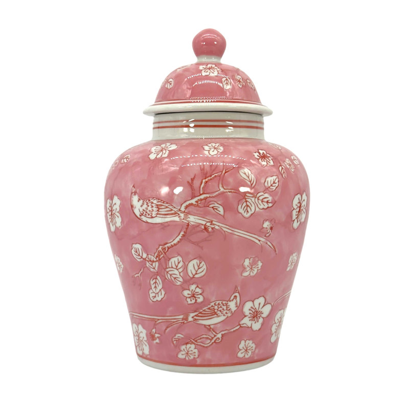 Pink & White Ceramic Chinoiserie Jar 12"