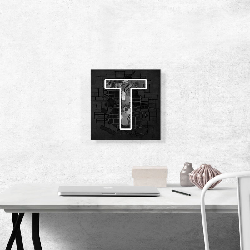 «Modern Modern Black White Alphabet lettre T», reproduction d'art texturé sur toile tendue, H 12 po x l 12 po x P 0,75 po