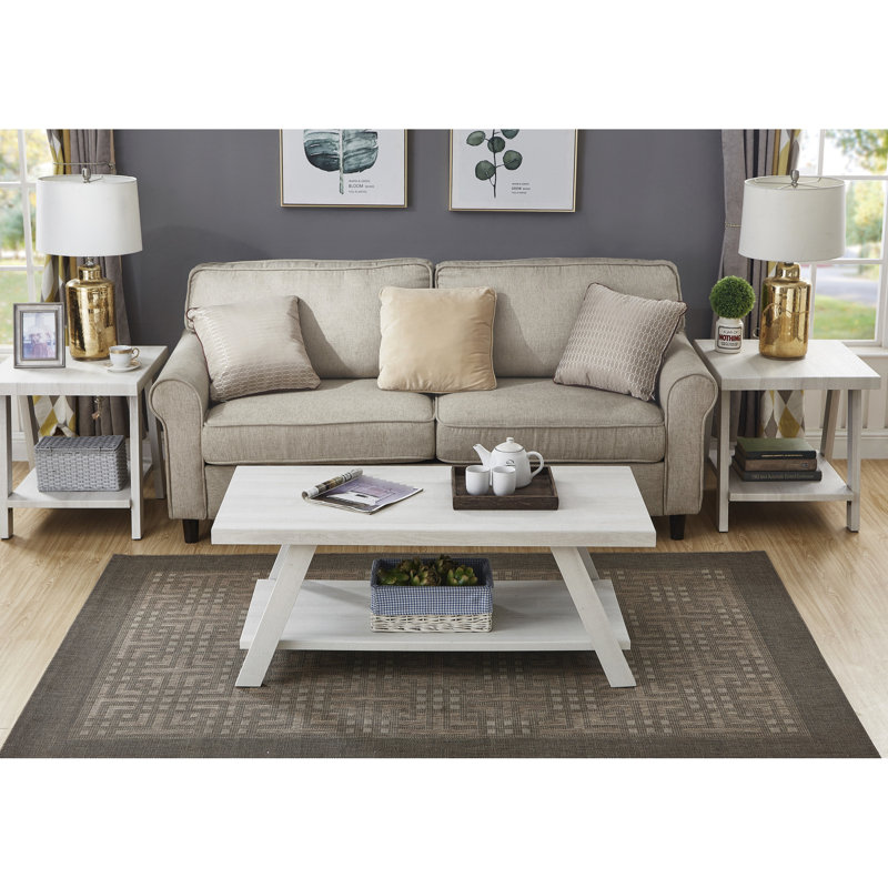Table basse 3 - Gris et beige patiné, plateaux rectangulaires, tablette supplémentaire, plateaux en bois avec rangement et pieds évasés