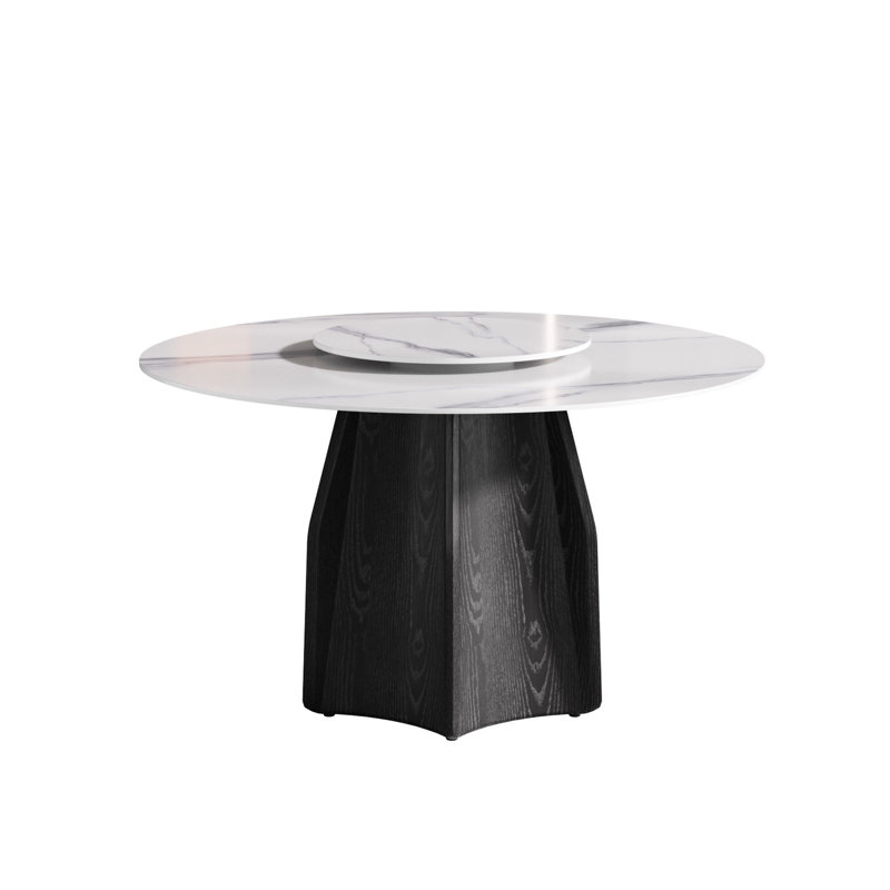 Table de salle à manger blanche ronde en pierre frittée de 53 po pour 6 personnes, avec base en bois massif et table de salle à manger 23,62 po