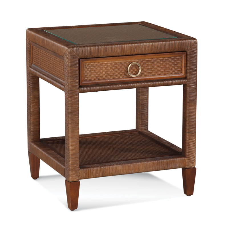 Warwick 24" W 1-Drawer Rattan Nightstand with Glass Top and Storage Shelf, Satin Brass, Hazel