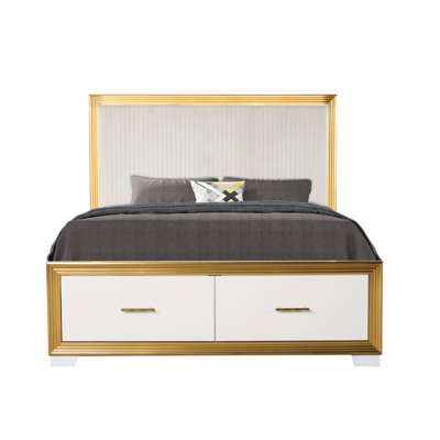 King Bed With Contemporary Design, Solid Wood Frame, And Storage Drawer + Manufactured Wood, Led Lights,