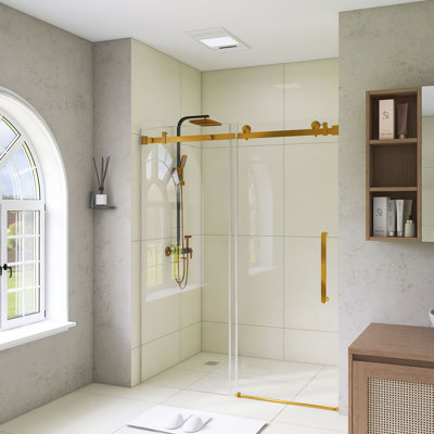 56-60" W × 76" H Frameless Single Sliding Shower Door – 1/4"(6Mm) Clear Tempered Glass With Explosion-Proof Film, Brushed Gold Stainless Steel Handle & Square Tube Track