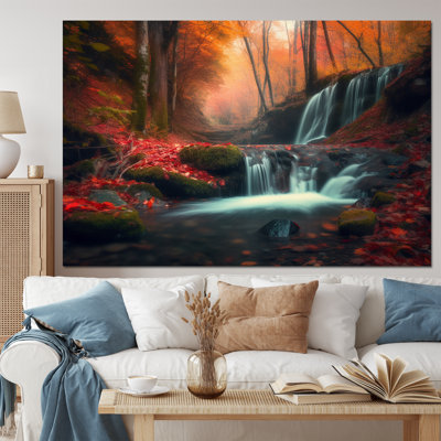 Waterfall In Fall Forest I - Landscape Mountains Canvas Prints
