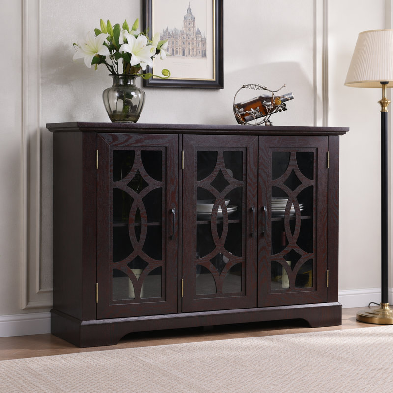 Buffet spacieux de 48,66 po x 15,55 po x 34,06 po à 3 portes en verre trempé transparent avec tablette réglable, panneau de fibres à densité moyenne et stratifié décoratif rouge foncé pour la salle à manger, la cuisine et le salon