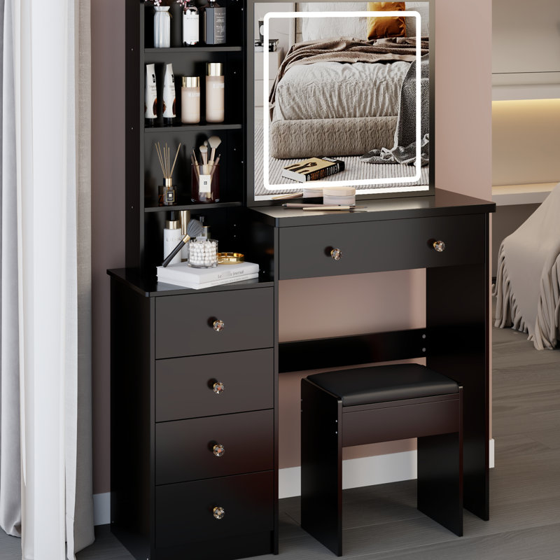 Meuble-lavabo de 37 po avec tabouret de chevet gauche 37 po, miroir à DEL tactile avec réglage de la luminosité tricolore, rangement grande capacité, design américain, option d'habillage noir