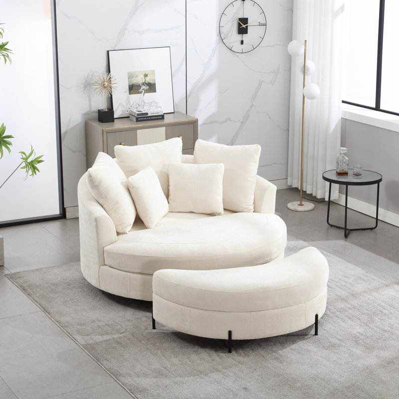 Slipcovered Barrel Chair With Ottoman, Beige Chenille