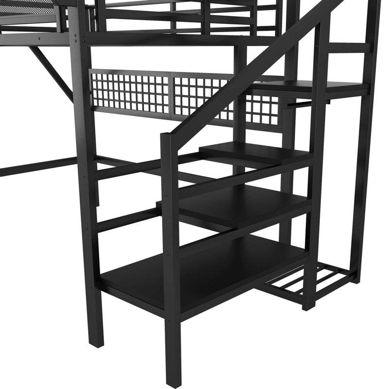 Grand lit mezzanine en métal avec tablettes de rangement et éclairage DEL