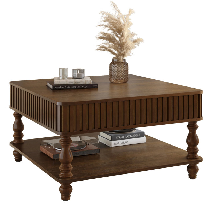 Table basse carrée à plateau relevable cannelé avec rangement caché et ouvert, Noyer