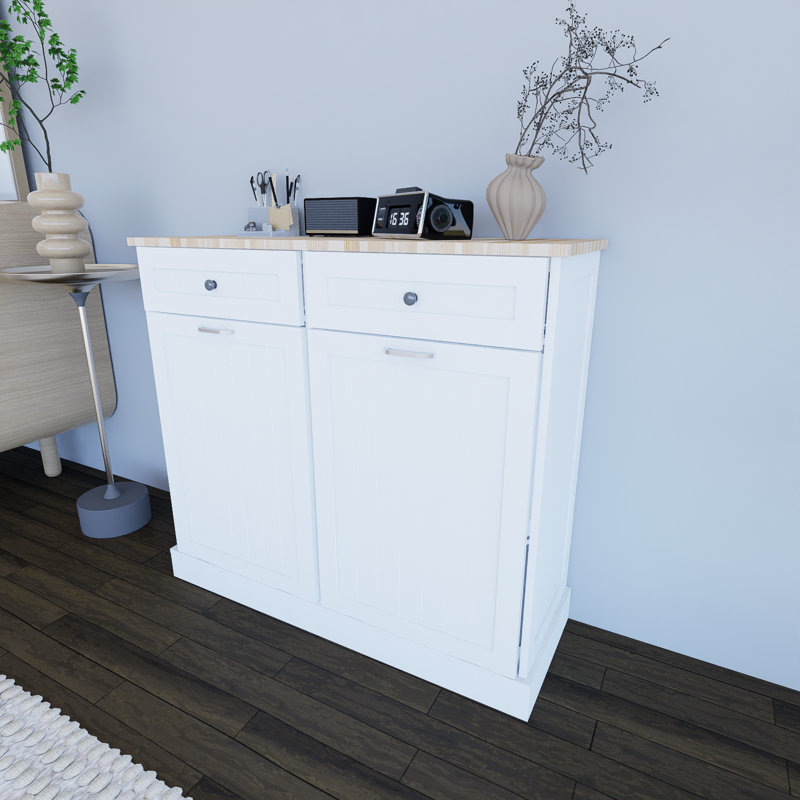 White Two Drawers And Two Compartments Tilting Garbage Cabinet Kitchen Garbage Cabinet