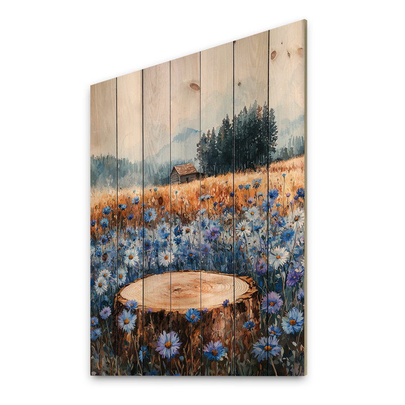 Cornflowers Garden At The Barn On Slide II - Décoration murale en bois de bleuet sur bois de pin naturel
