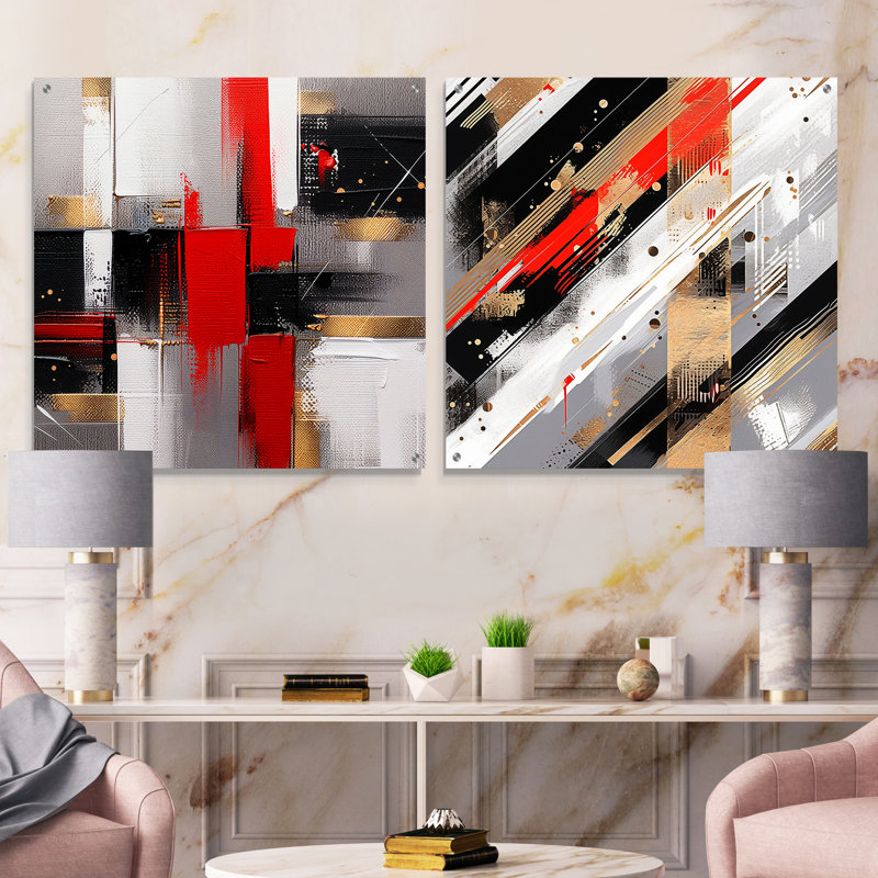 Rose et noir, rayures audacieuses - Cubisme, ensemble d'art mural en verre sur verre, ensemble de 2, H 36 po x l 73 po
