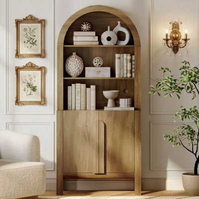 Bibliothèque arquée de 71 po de hauteur, bibliothèque moderne à 5 niveaux avec armoire, vitrine en bois avec portes et tablettes réglables, bibliothèque polyvalente pour le salon, le bureau et le bureau